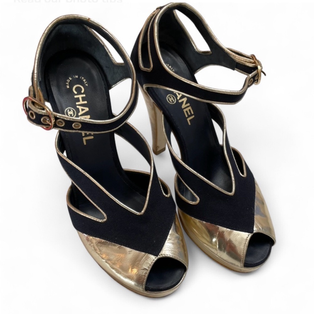 Chanel Gold Leather & Navy Peep-Toe Heels Size 7.5 - Picture 10 of 15